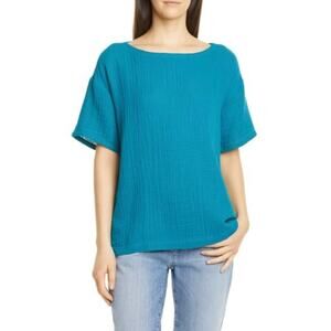 Eileen Fisher Size Small Boat Neck Boxy Organic Cotton Short Sleeve Top